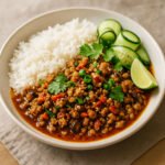 Chicken Mince Recipe with ginger-garlic glazed mince, rice noodles, chilli oil, herbs and lime — australian recipes.
