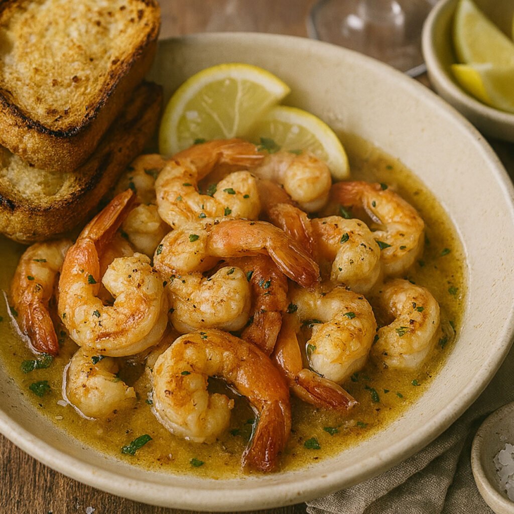 Garlic prawns recipe plated in a shallow bowl with lemon wedges, parsley and garlic butter Australian recipes.
