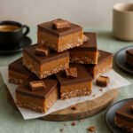 Stack of Mars Bar slice squares with glossy chocolate top and chewy caramel layer on a serving board — Mars bar slice recipe, aussie dessert recipe, australian recipes.