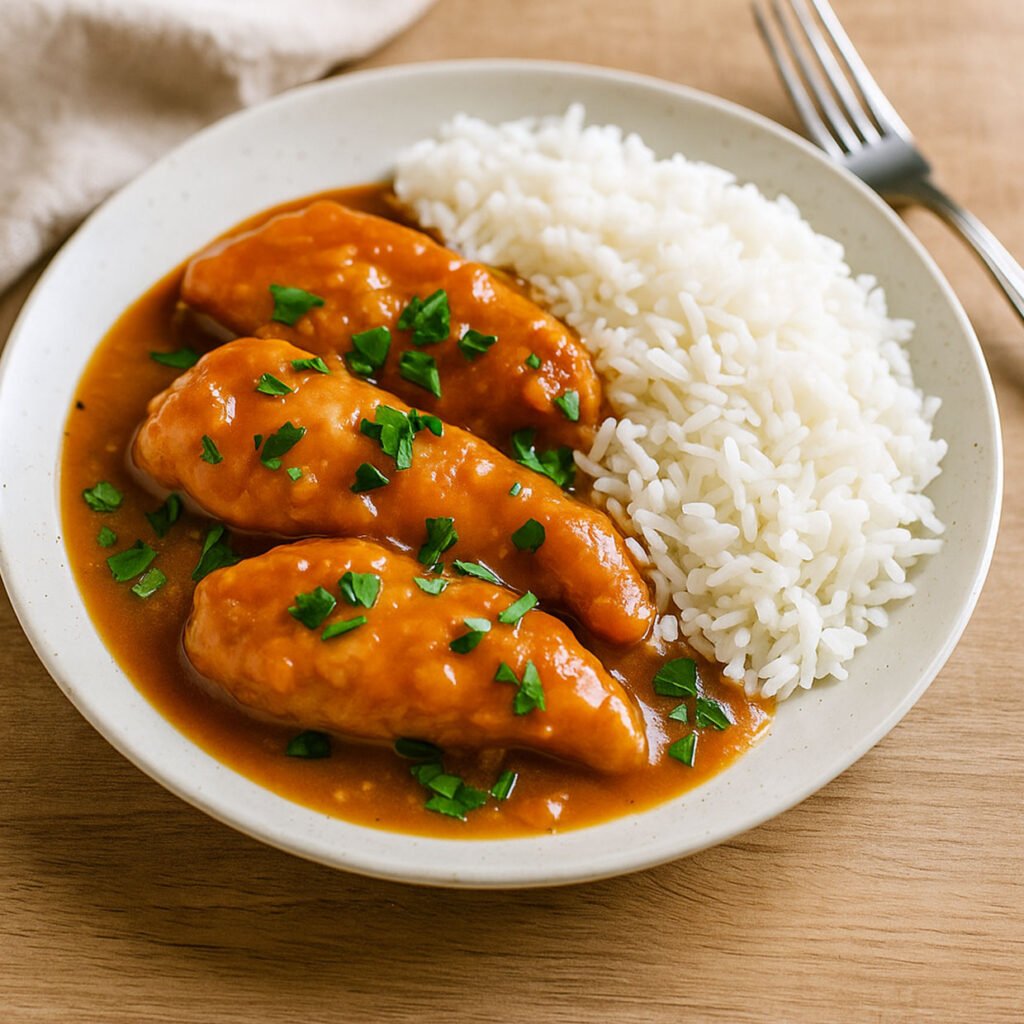 apricot chicken in glossy apricot sauce over white rice with parsley — australian chicken recipe, apricot chicken recipe, easy australian recipe.