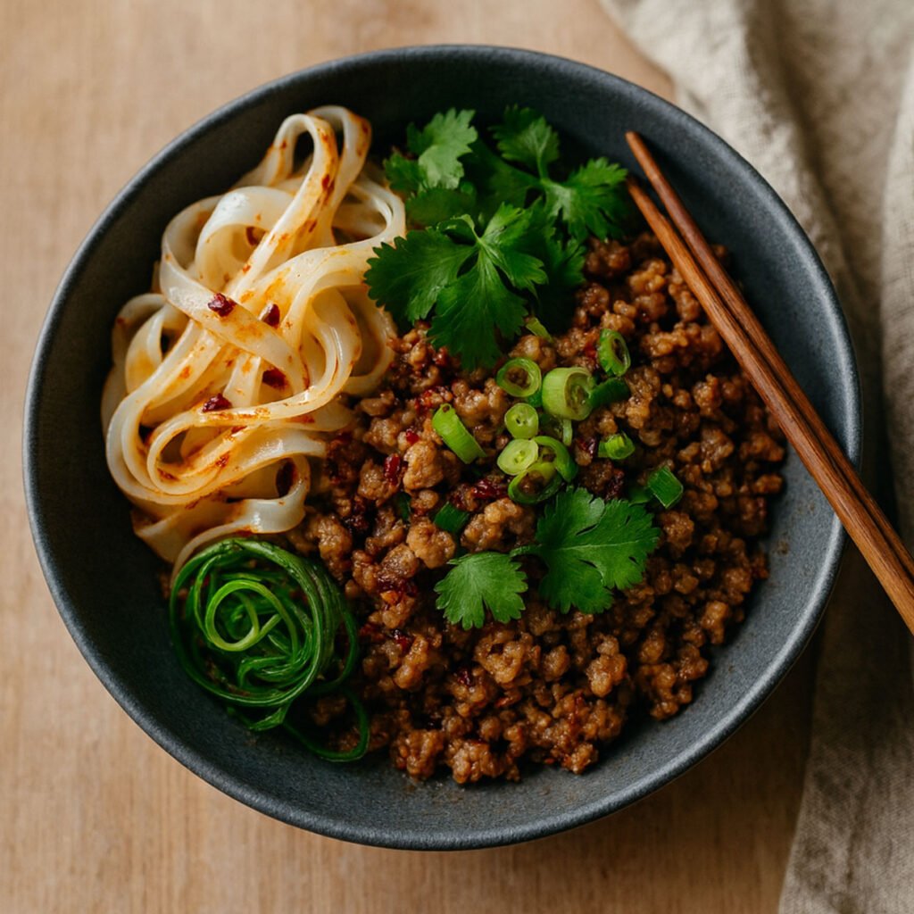 Pork mince with chilli, spring onions, coriander and rice noodles in a charcoal bowl pork mince recipe, easy Australian dinner.