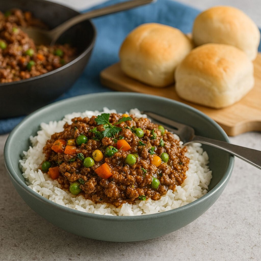 Savoury Mince over fluffy rice in a white bowl with peas, corn and carrots an aussie recipe favourite.