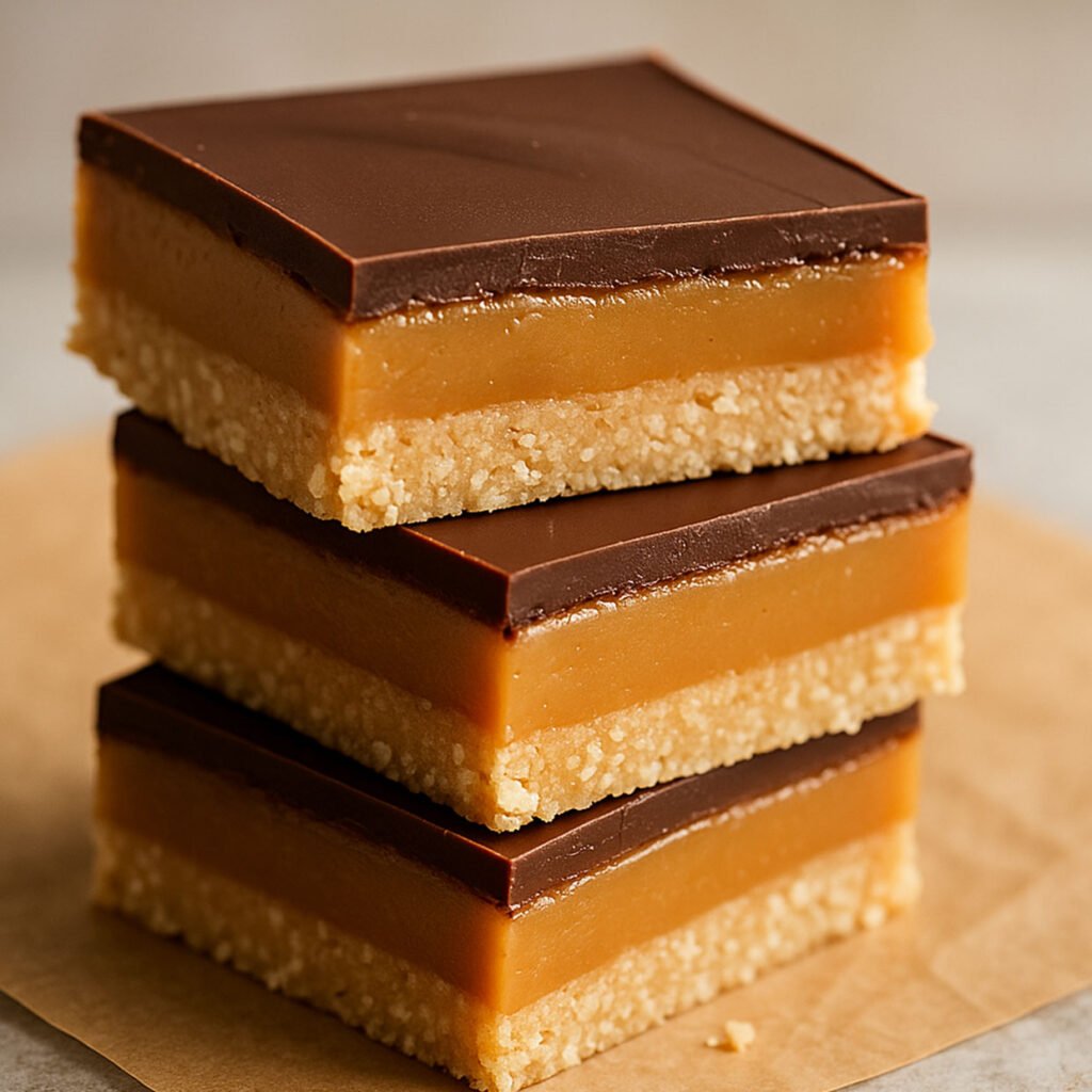 Stacked squares of Caramel Slice Recipe on parchment with smooth chocolate layer, favourite australian recipe.