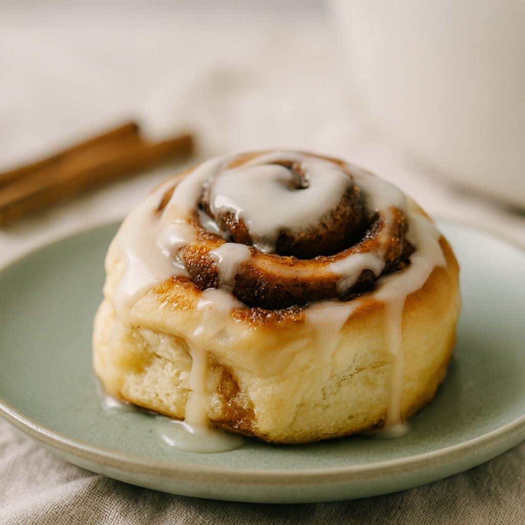 Single cinnamon scroll on a small plate, dripping vanilla icing with a soft, gooey swirl.