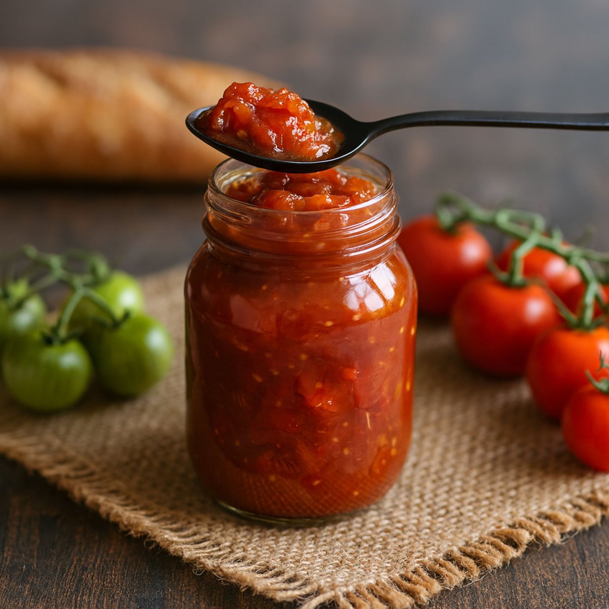 Homemade easy Tomato Relish in a glass jar with spoon, surrounded by vine cherry tomatoes — australian recipes style.
