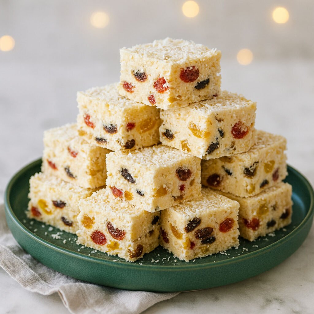 Stack of White Christmas slice squares with cherries, sultanas and coconut on a serving plate.