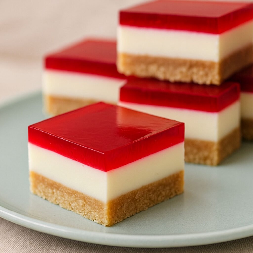 Neat squares of jelly slice with a biscuit base, creamy lemon layer, and ruby jelly top on a plate jelly slice recipe, aussie dessert recipe.