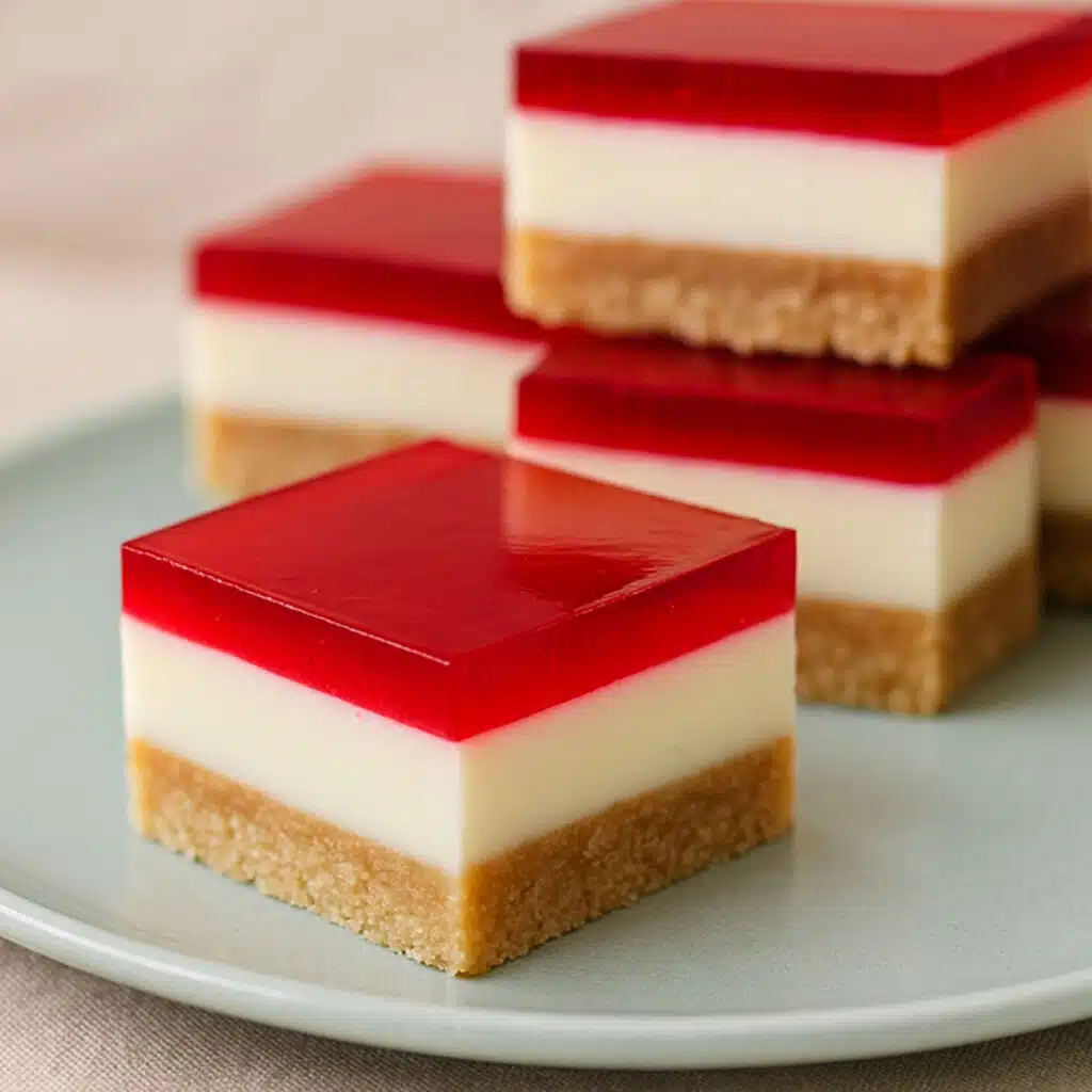 Neat squares of jelly slice with a biscuit base, creamy lemon layer, and ruby jelly top on a plate jelly slice recipe, aussie dessert recipe.
