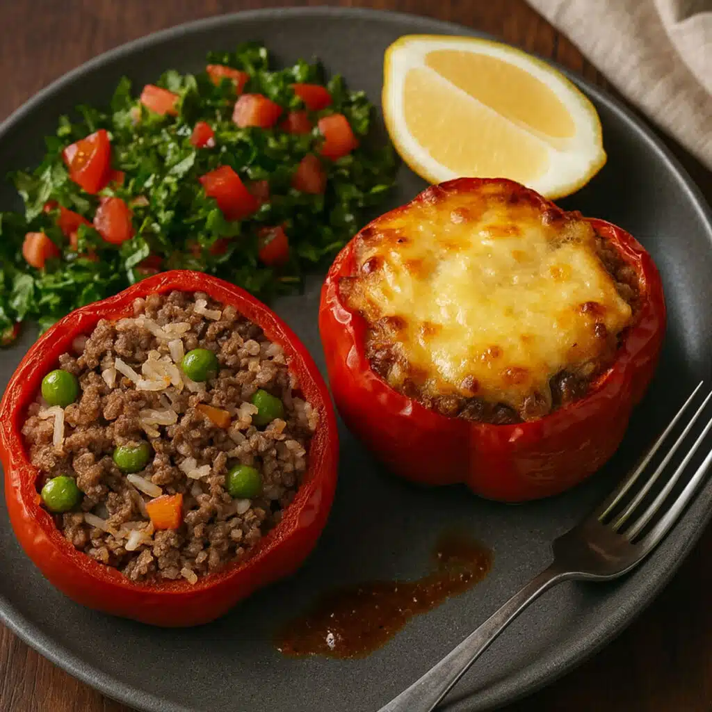 Stuffed capsicum recipe mince on a grey plate with two red pepper halves filled with beef mince and rice, one topped with melted cheese, herb salad and lemon.