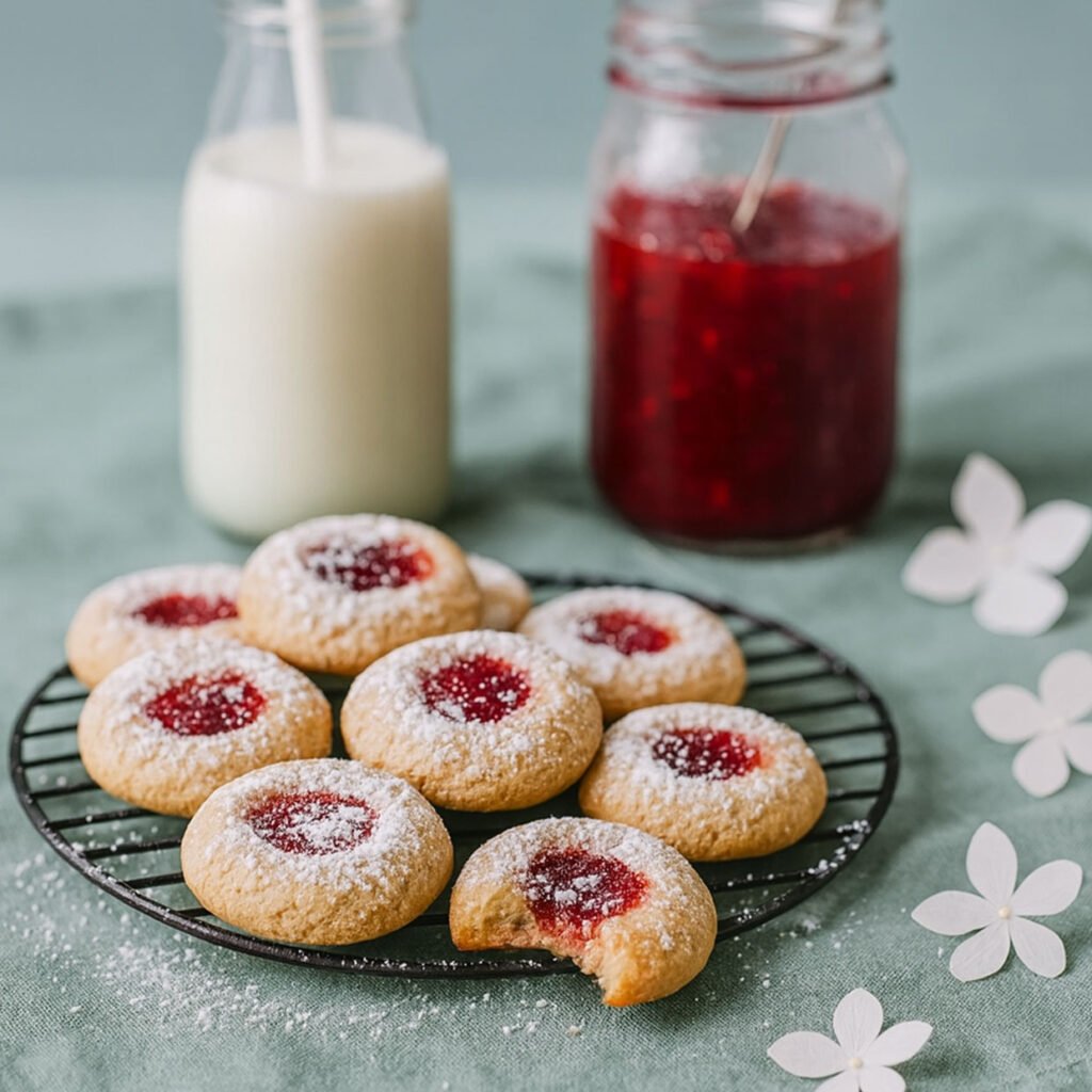 Thumbprint biscuits (jam drops) cooling on a rack, dusted with icing sugar beside a jar of raspberry jam and milk, a classic Aussie recipe with jam, jam drops recipe Australia.