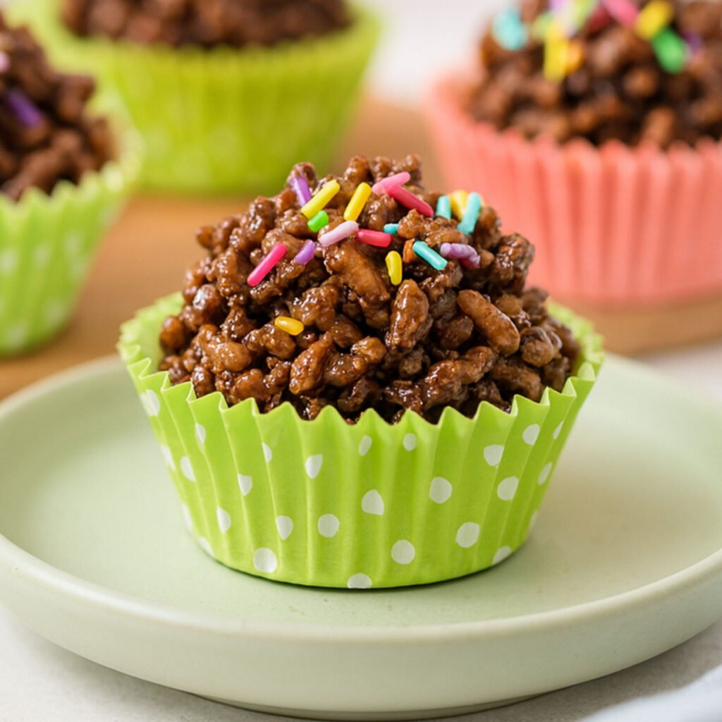 Chocolate crackles recipe set in colourful paper cases with rainbow sprinkles on a marble board, a nostalgic Aussie recipe treat.