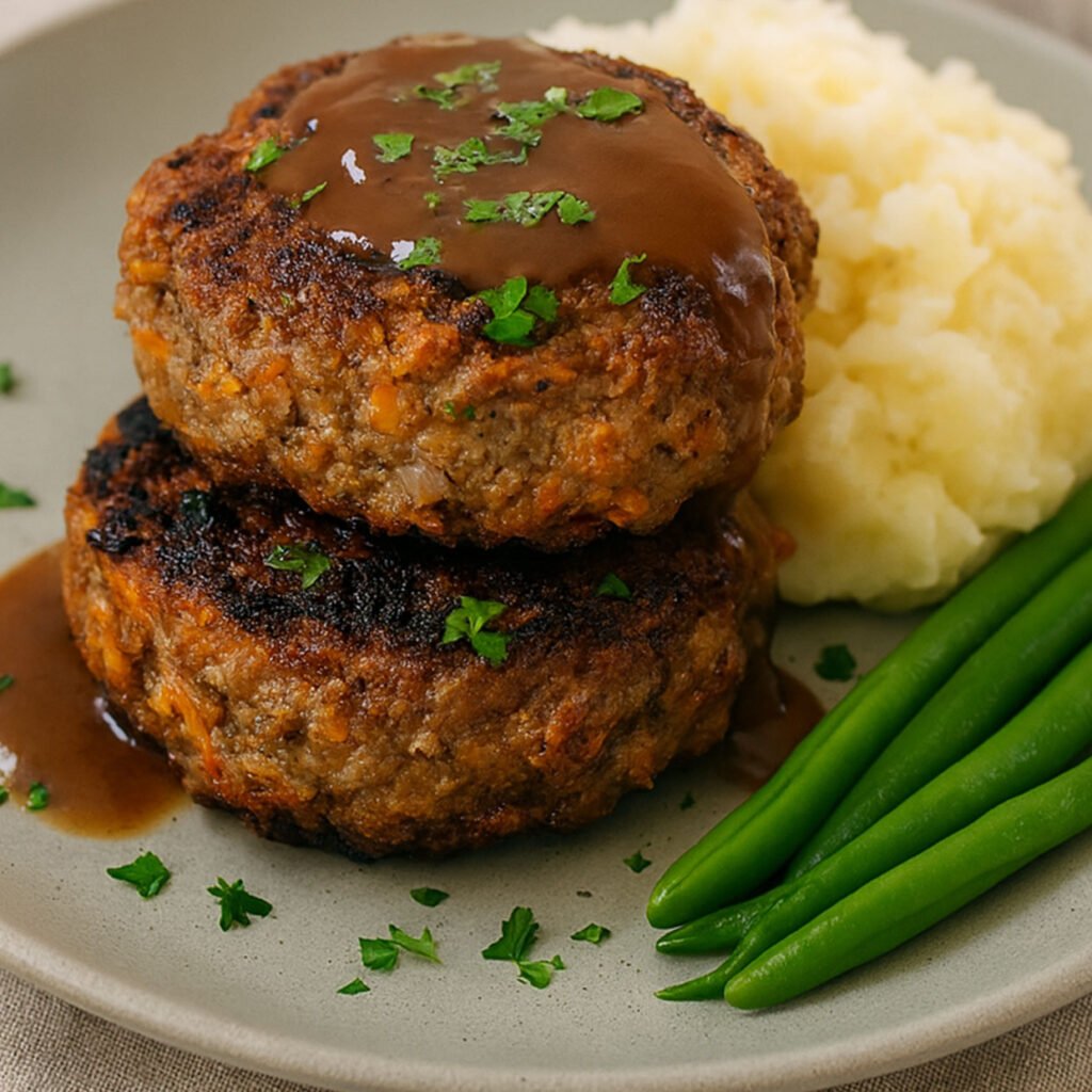 Juicy rissoles with rich gravy, mashed potato and green beans on a ceramic plate a classic Australian rissole recipe, crisp outside and tender inside.