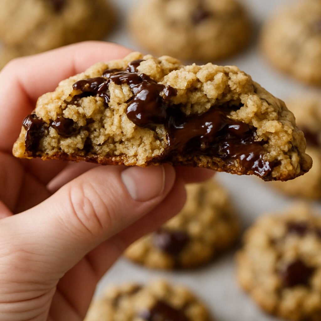 Hand holding a gooey chocolate-chip cookie from a boobie biscuits recipe (lactation cookies) with oats and flax on a baking tray.