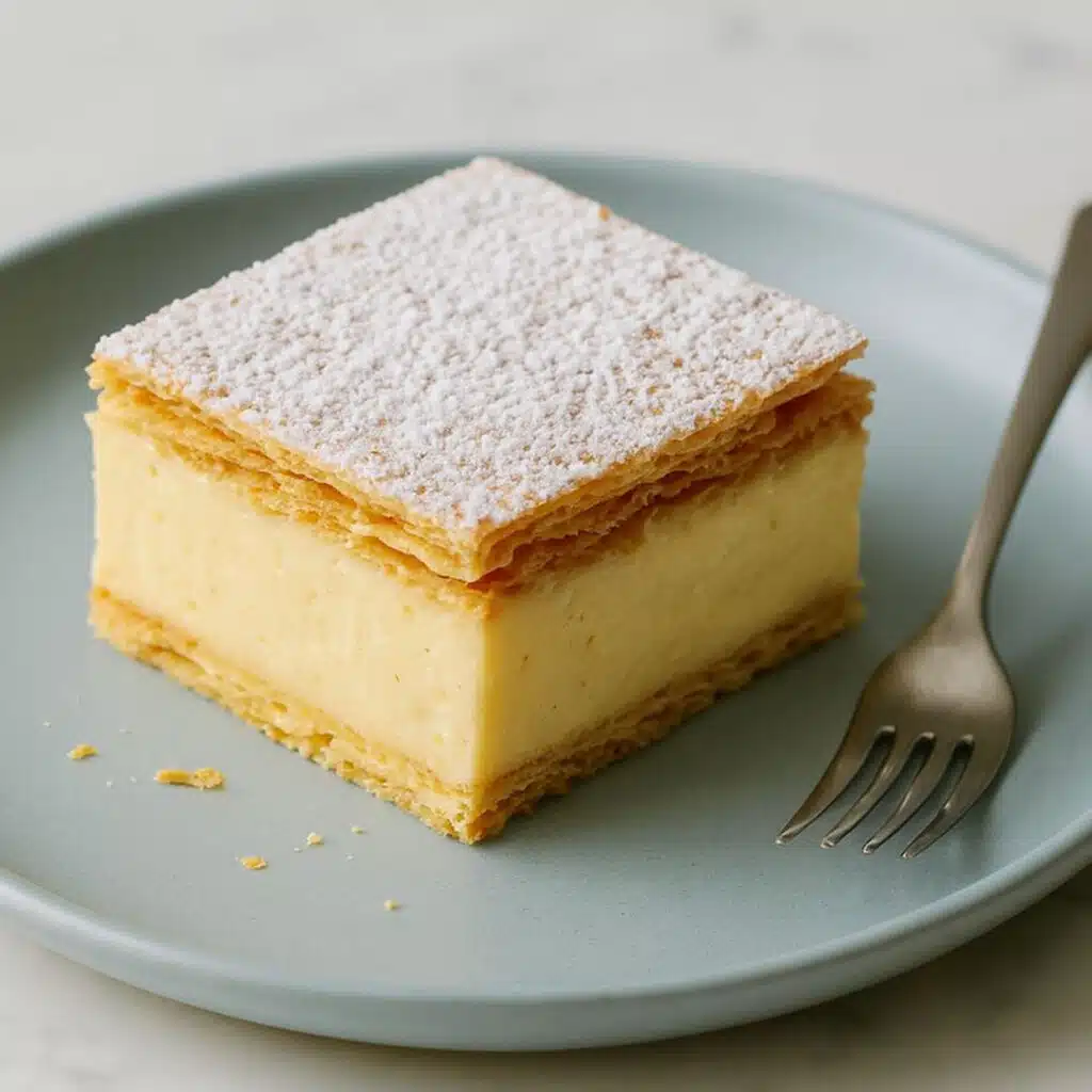 Square vanilla slice with thick custard between flaky puff pastry, dusted with icing sugar on a plate — easy Vanilla Slice recipe.