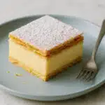 Square vanilla slice with thick custard between flaky puff pastry, dusted with icing sugar on a plate — easy Vanilla Slice recipe.