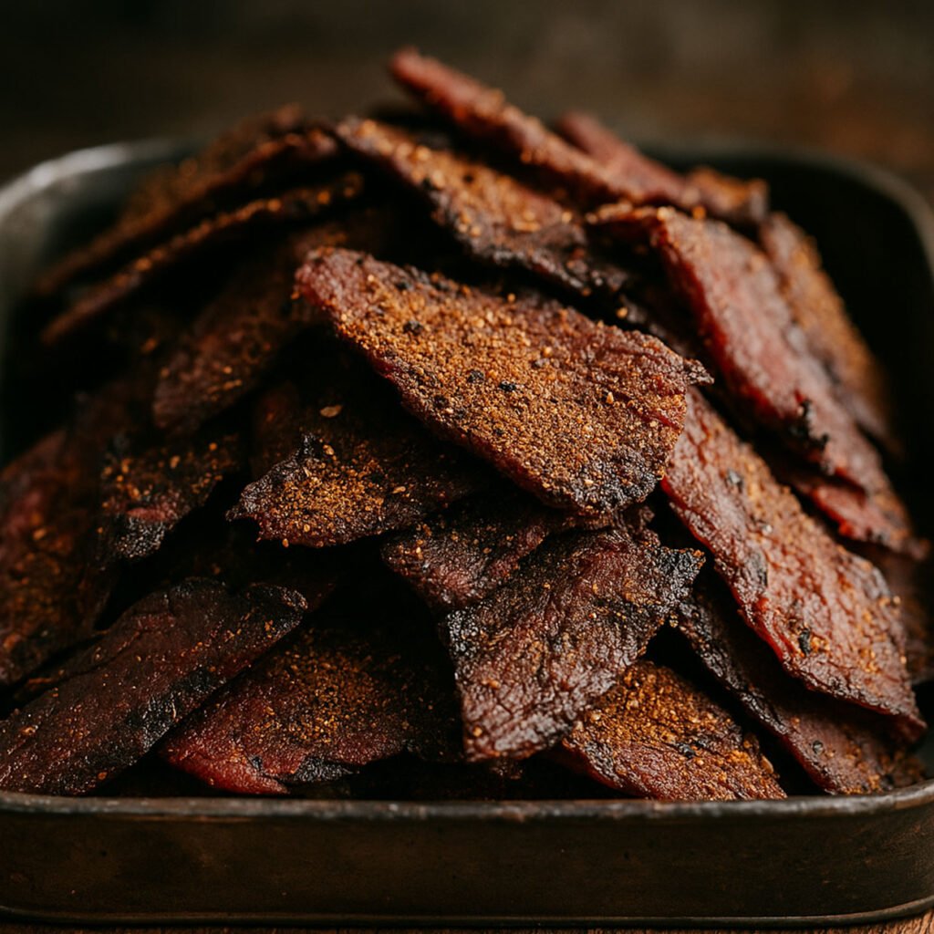 Thin strips of homemade beef jerky piled on a rustic wooden board with chili flakes and peppercorns — aussie recipe, australian beef jerky recipe.