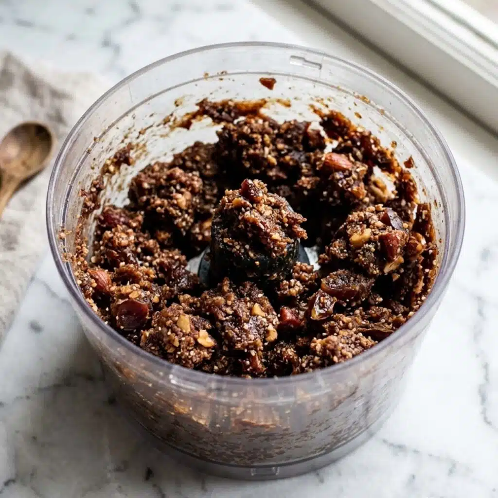 bliss balls recipe date and almond mixture blended in a food processor
