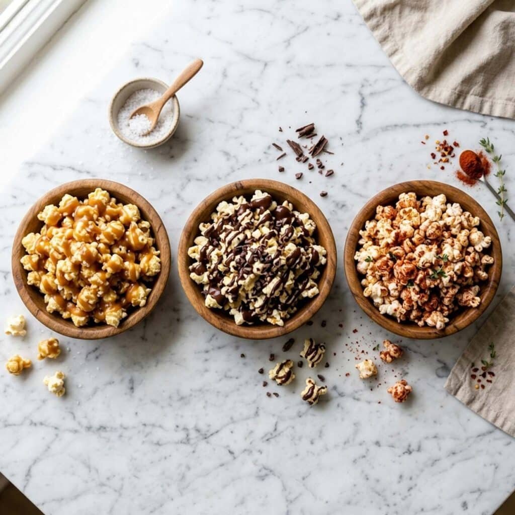 homemade popcorn flavorings including caramel chocolate and smoked paprika