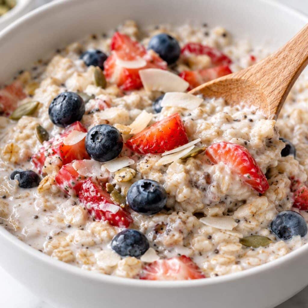 bircher muesli recipe in a glass jar topped with fresh berries and honey