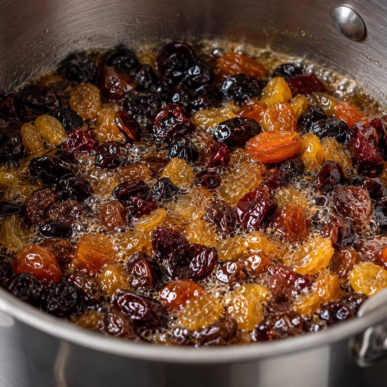 Boiled fruit cake recipe mixed dried fruit simmering in butter and brown sugar