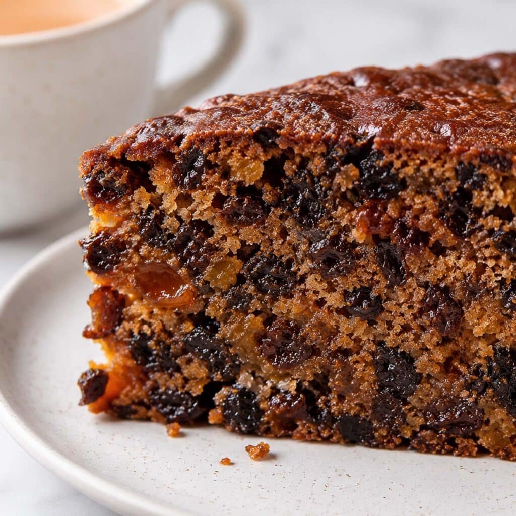 boiled fruit cake recipe sliced showing dense moist fruit-packed interior