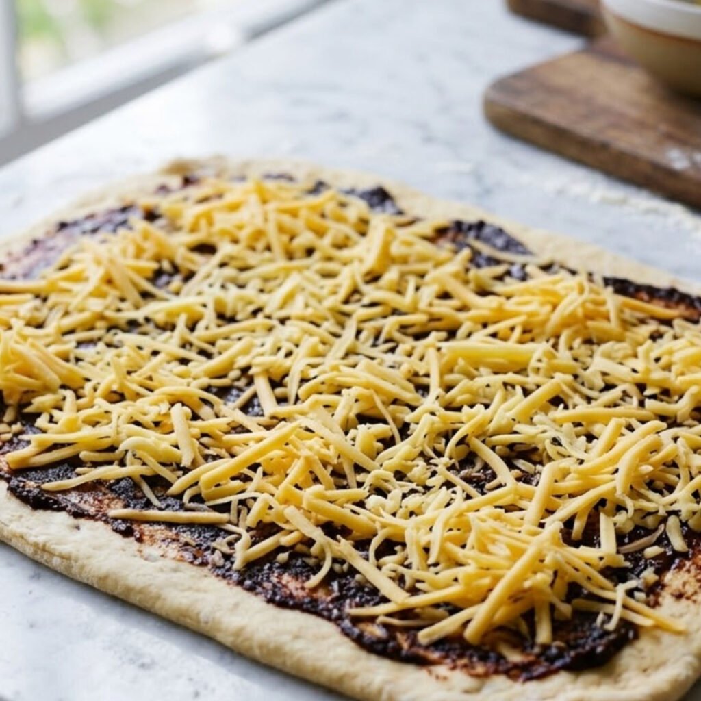 cheesy Vegemite scrolls dough spread with Vegemite and cheddar
