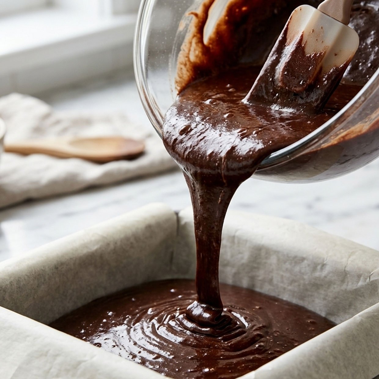 chocolate brownies batter being poured into a lined baking tin