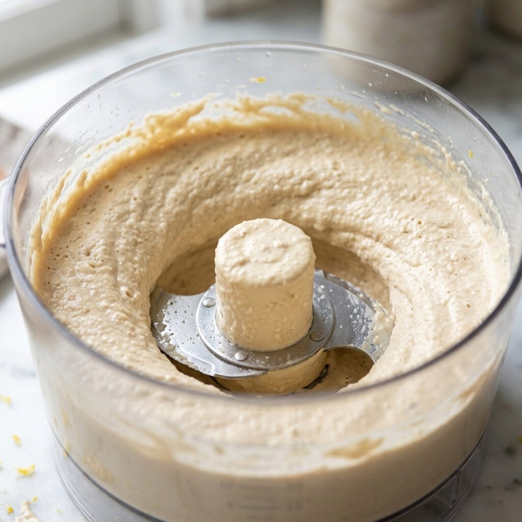 homemade hummus tahini and lemon blended until pale and fluffy