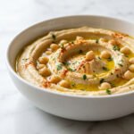 homemade hummus in white bowl with olive oil paprika and parsley