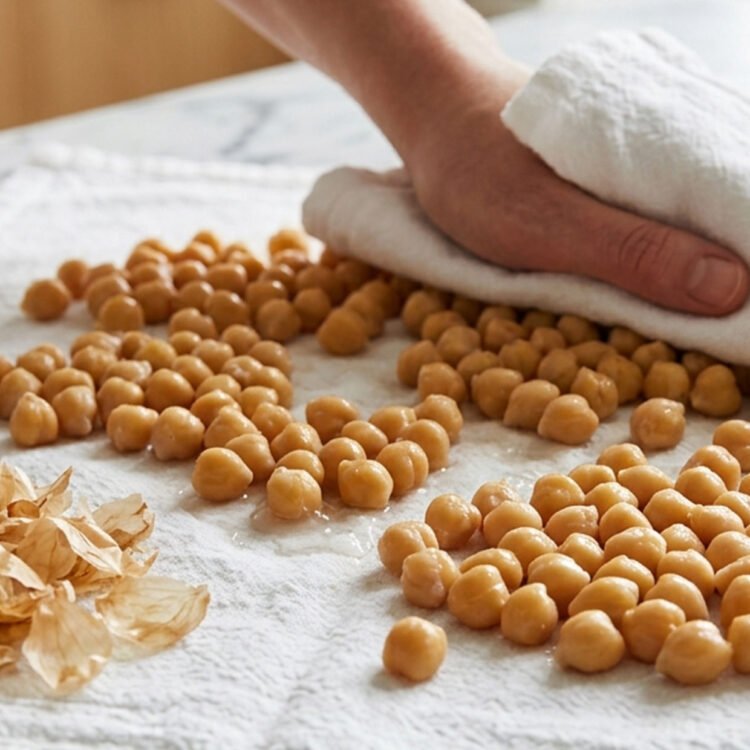 roasted chickpeas being patted dry on a tea towel before roasting