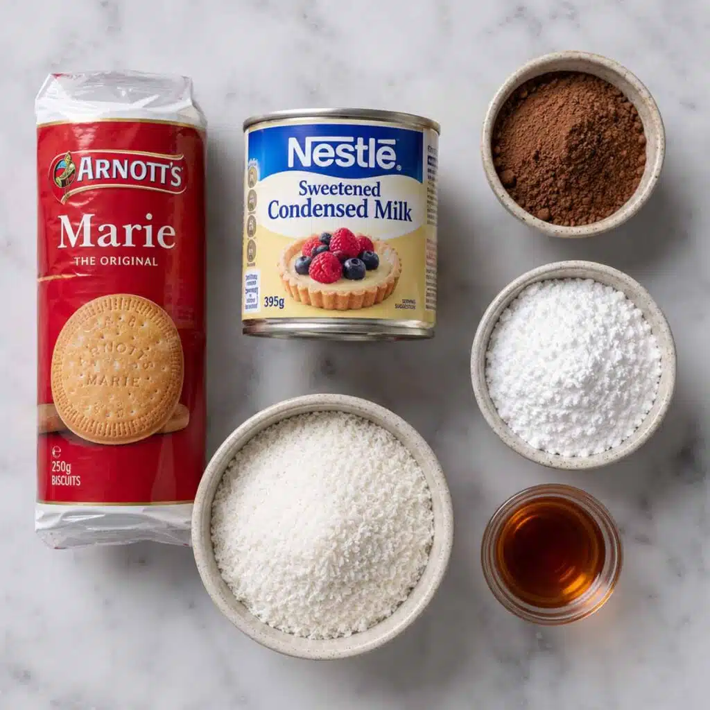 rum balls recipe ingredients including biscuits condensed milk cocoa and dark rum