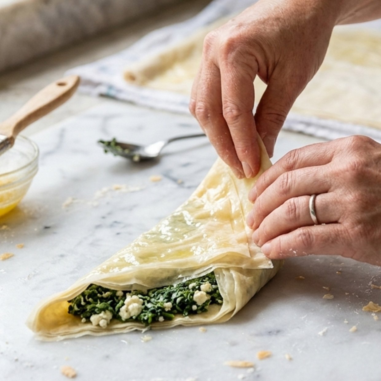 spinach and feta triangles folding filo pastry into triangle shape