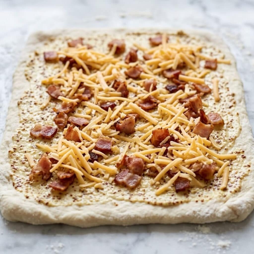 cheese and bacon scrolls filling with bacon and cheddar on dough