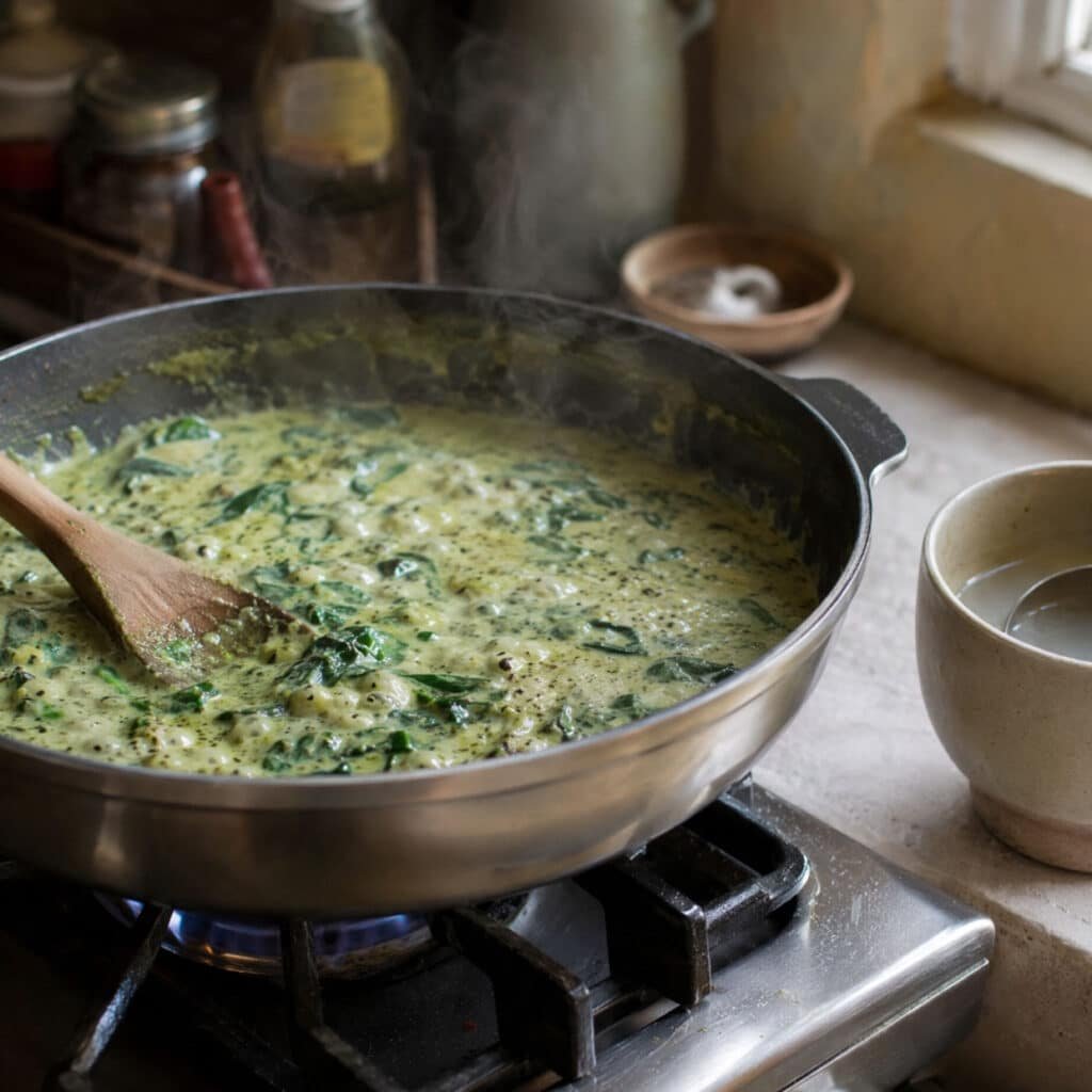creamy pesto pasta sauce simmering in a frying pan